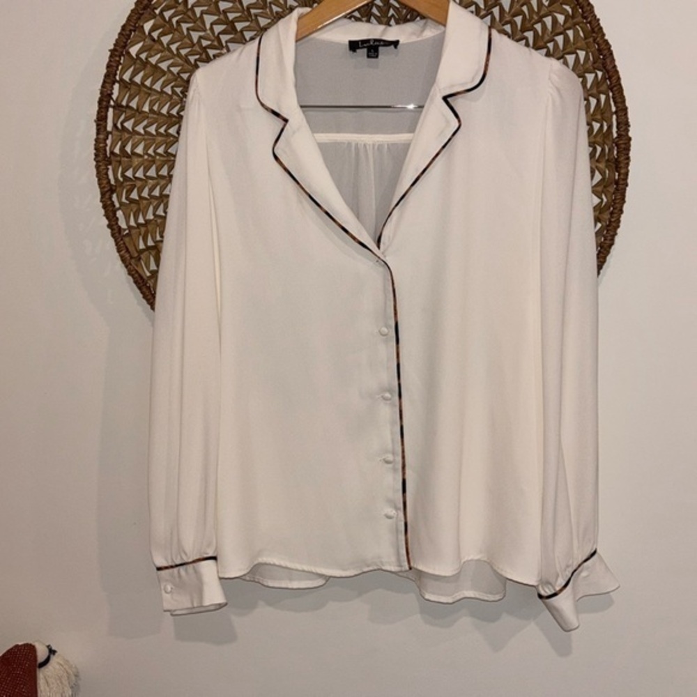 Lulus Ivory Long Sleeve Button Down With Animal Print Trim Size Large